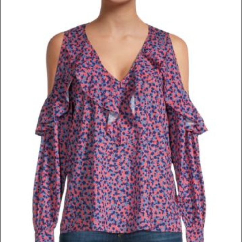 Pink & Blue-Cold Shoulder Ruffle Top - Picture 1 of 1